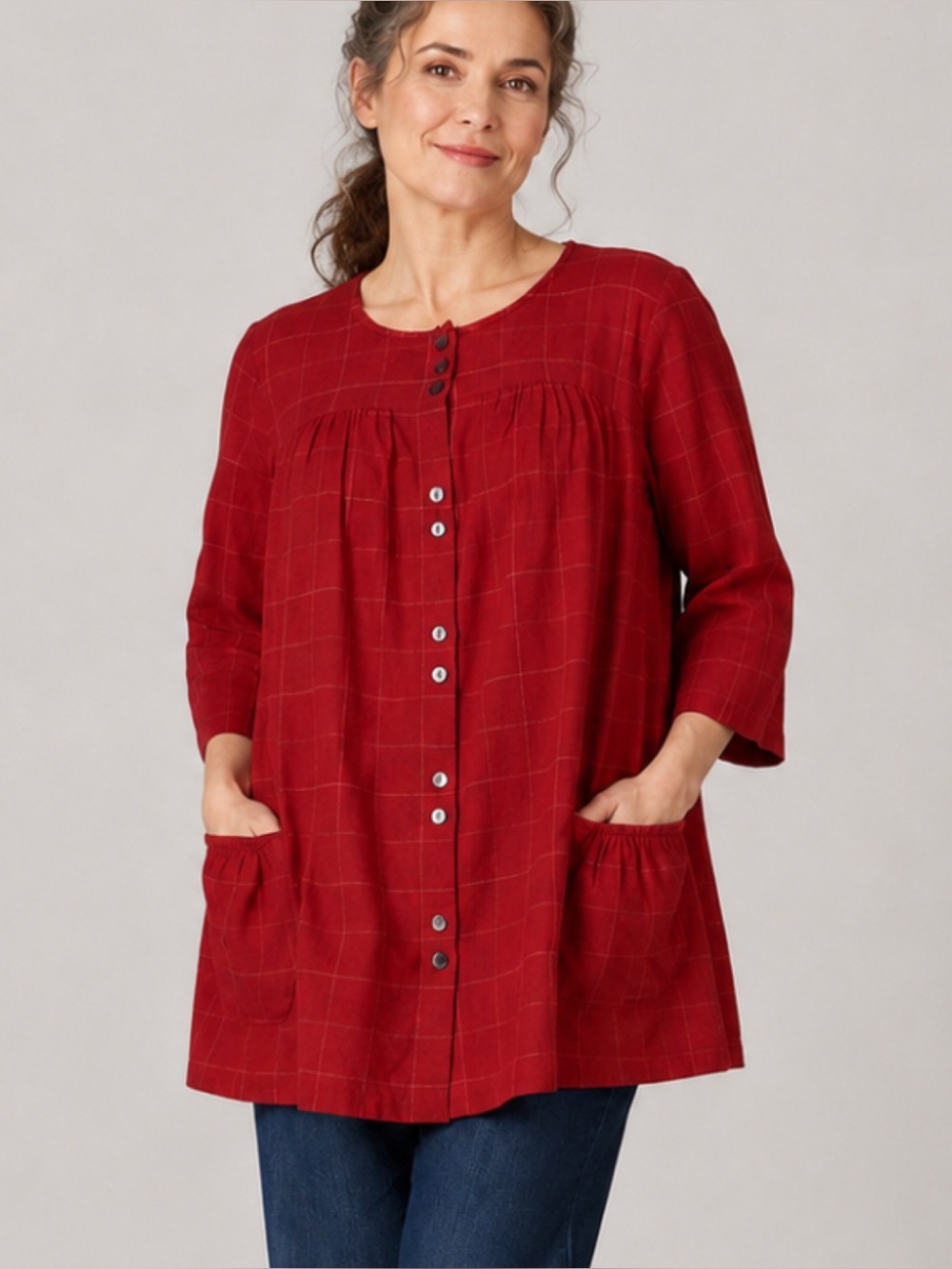 Gudrun Sjoden Red Linen Windowpane Tunic Jacket